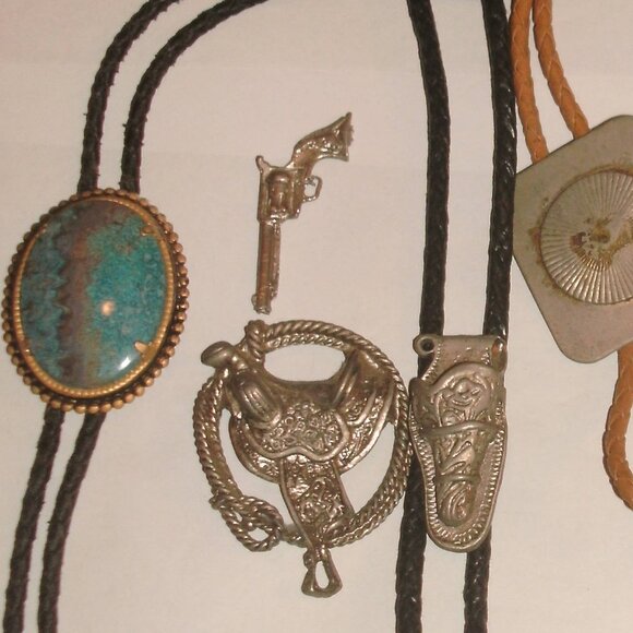 SET 4 Fashion Western Bolo Tie ~ Saddle ~ Holster ~ Gun ~ Faux Turquoise Stone - Picture 2 of 6